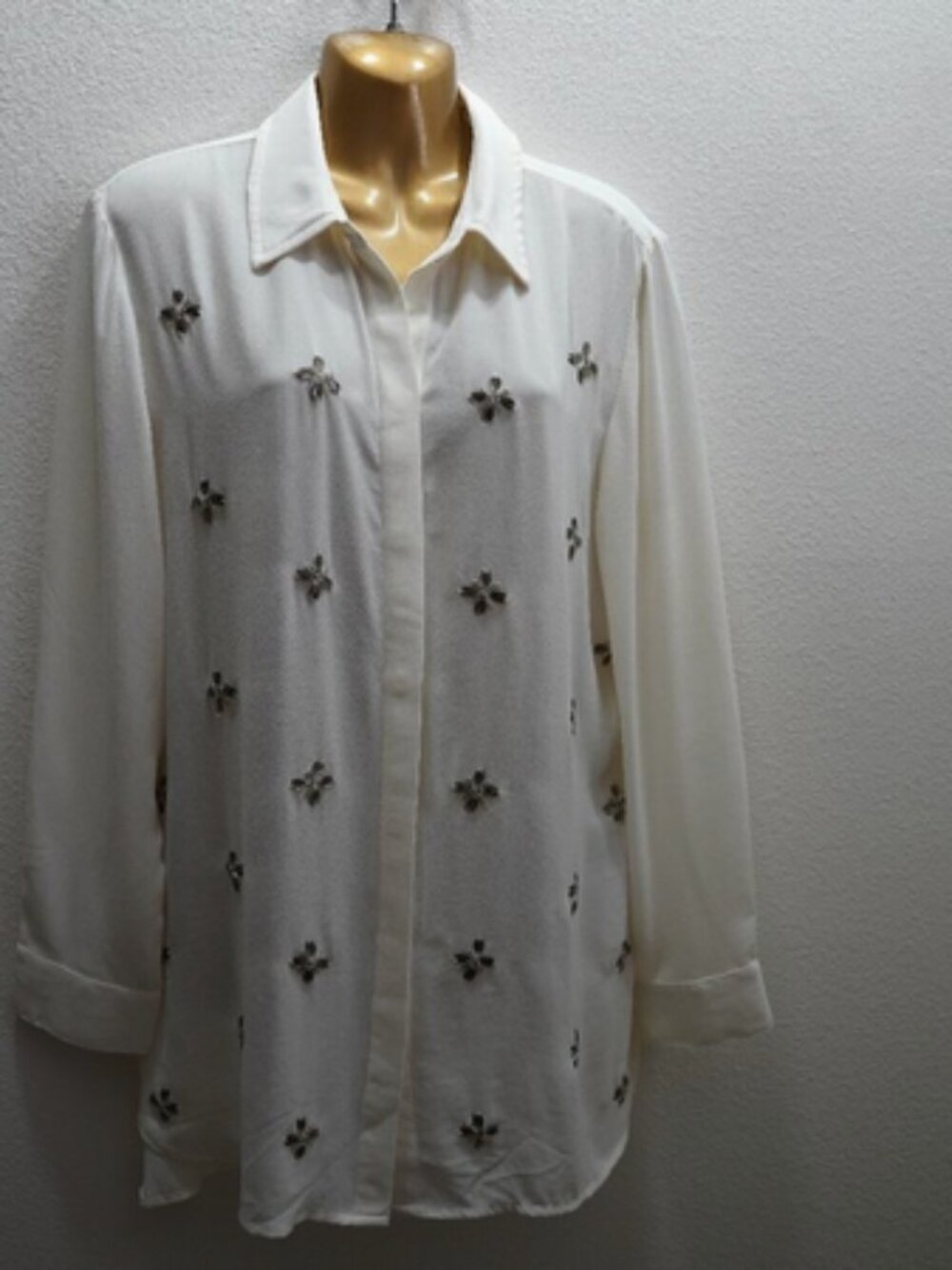 Embellished Ecru Diamond Stones Matida Button-Up Tunic Shirt size 2 - Picture 2 of 6